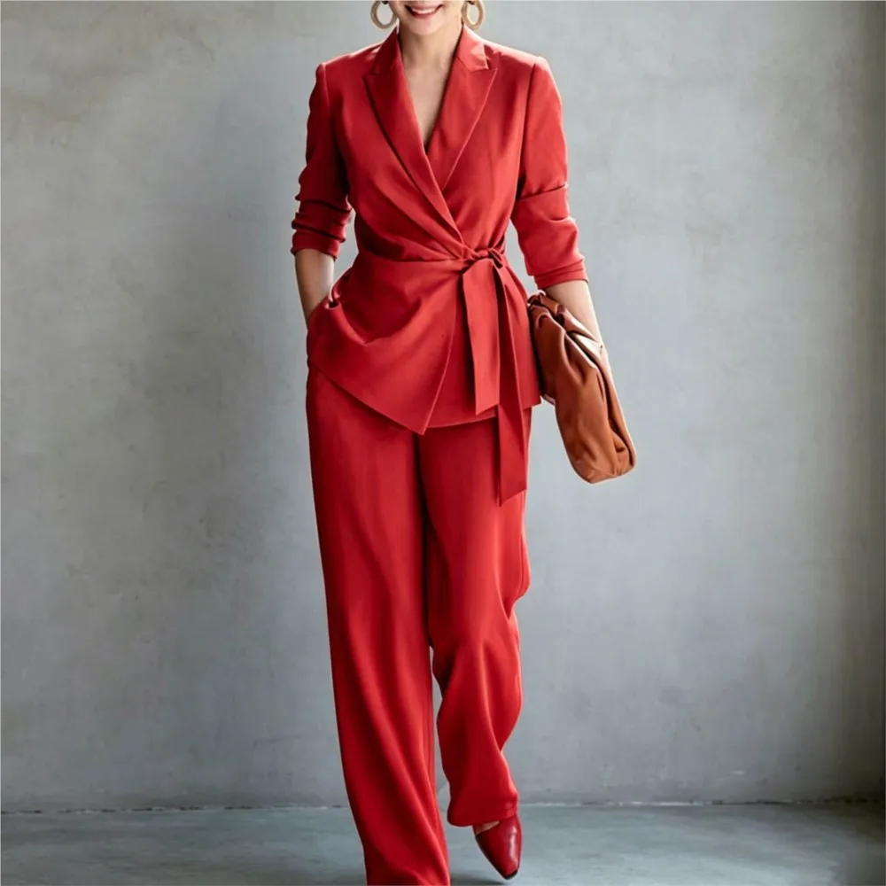 Elegant Women Solid OL Work Suitcoat Matching Two Piece Sets Autumn Notched Lace Up Blazer & Wide Leg Pants Casual Office Outfit