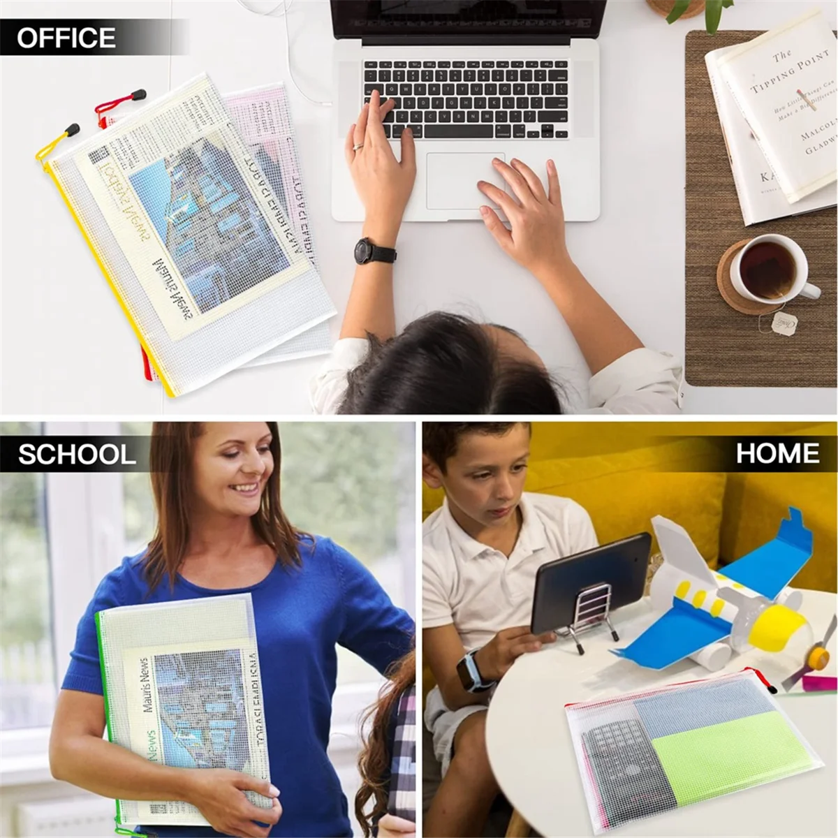 12ชิ้นโฟลเดอร์ซิป A4ถุงตาข่ายกระเป๋าใส่เอกสารซิปพลาสติกขนาดตัวอักษร/ขนาด A4สำหรับเครื่องใช้สำนักงาน