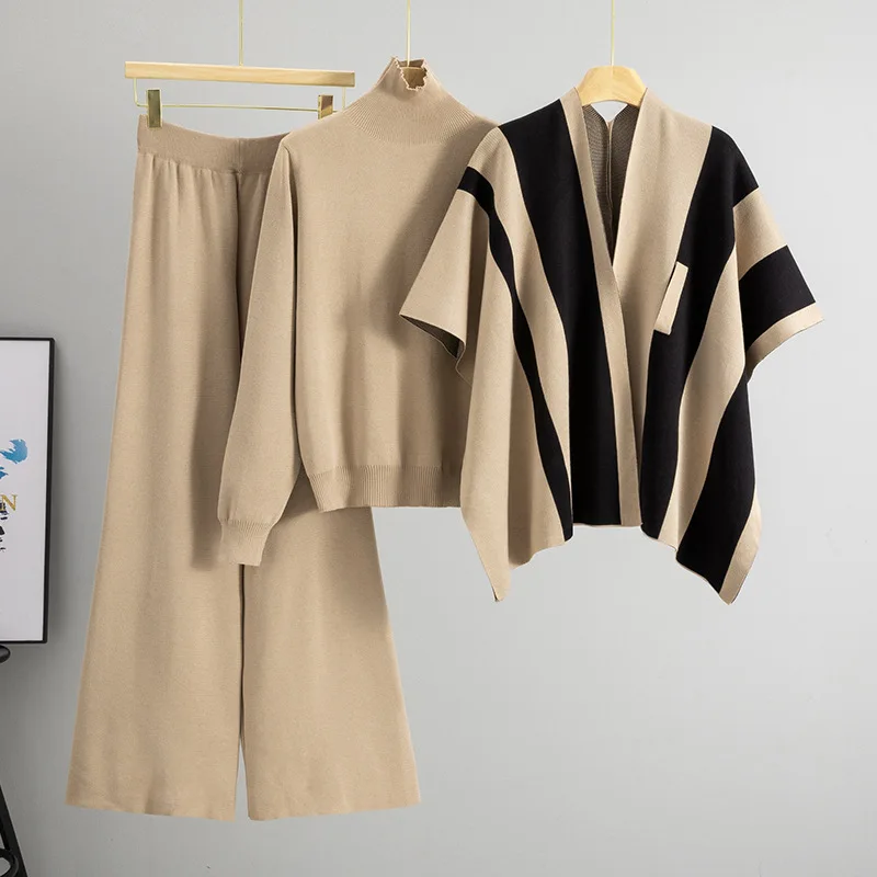 

Модный вязаный полосатый свитер с шалью, широкие брюки, комплект из трех предметов