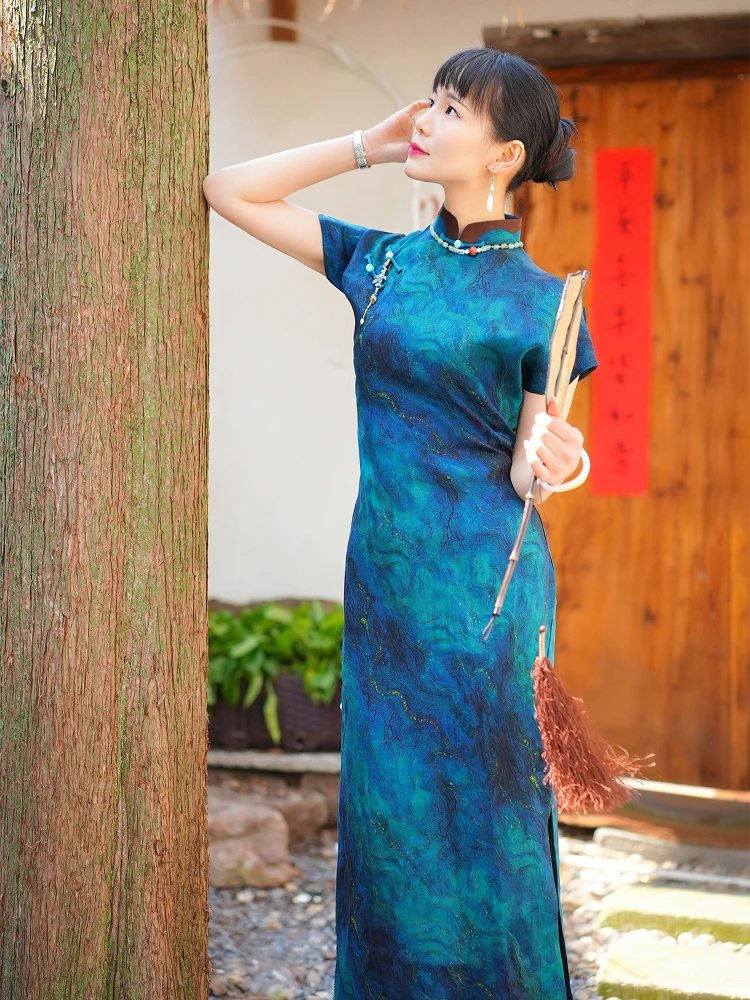 

Manshenghe 25 New Vintage Style Short Sleeve Stand Collar Tang Suit Original Design 100% Silk Hanfu Long Dress