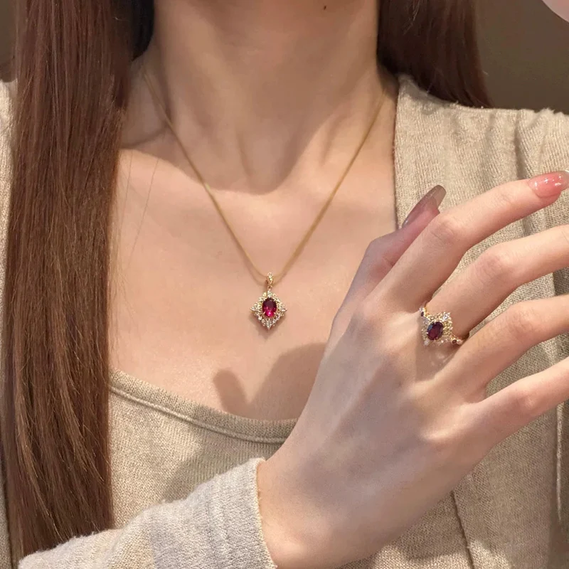 High end Red Crystal Necklace Fashion Collarbone Chain Light Luxury Geometry Ring Shiny Jewelry Set For Women Gift KOFSAC