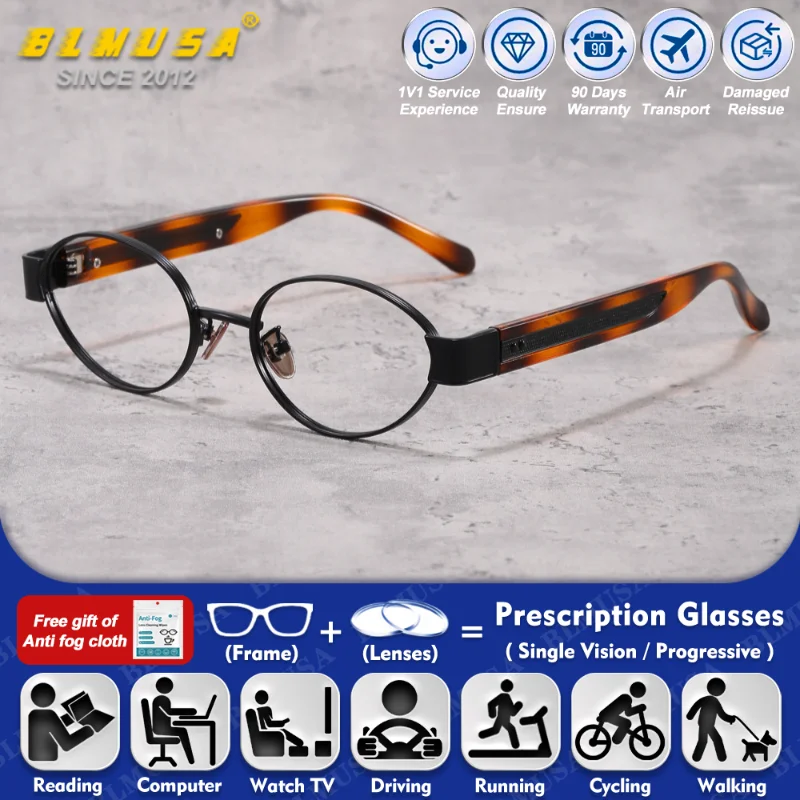 

BLMUSA (L) Luxury Style Oval Alloy Design Anti Blue Ray Myopia Glasses Retro Man Oversize Frame Progressive Prescription Eyeware