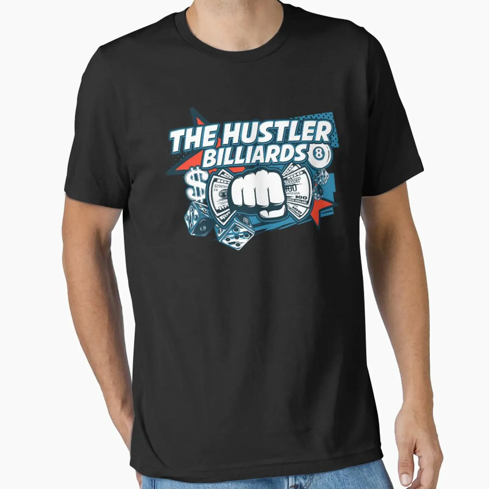 COMIC HUSTLER BILLIARDS Essential T-Shirt im Vintage-Stil, gewaschen, vielseitig, lässig, atmungsaktiv, für den Alltag, bequem, weich