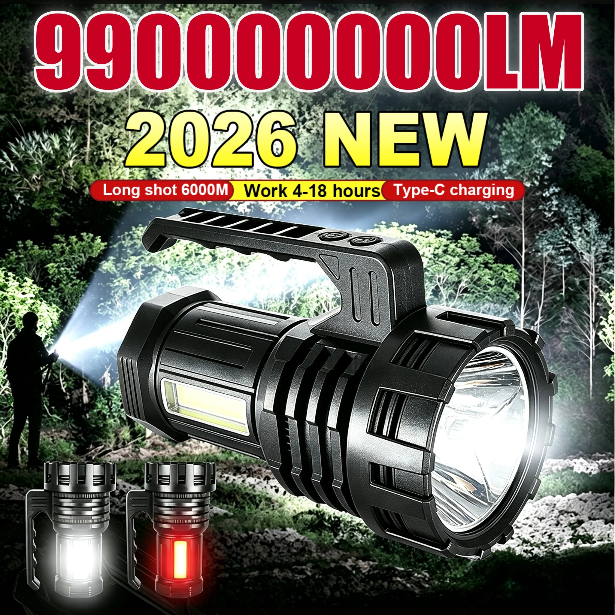 Super Bright Handheld Flashlight Long Shot 6000M Type‑C Rechargeable Portable Searchlight Outdoor Camping Emergency Torch Light
