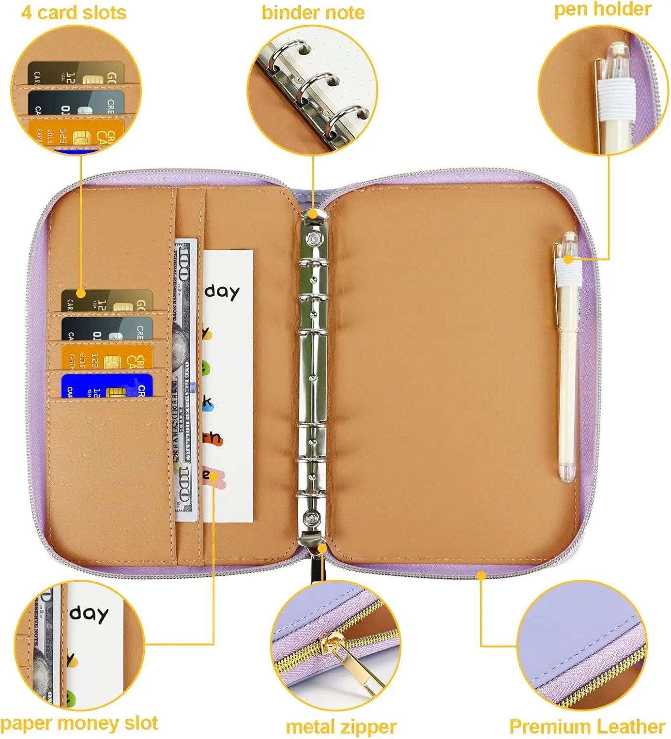 A6 Leather Budget Binder Cash Envelopes System All in One Money Wallet Budget Planner 6 Ring PU Leather Notebook with Zipper