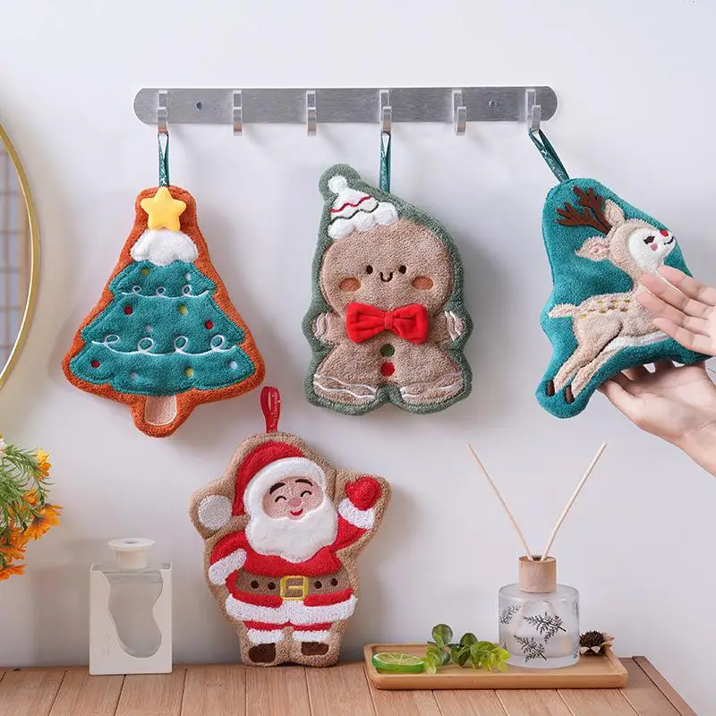1PC Coral Fleece Christmas Santa Claus Hand Towels Water Absorption Quick-drying Hand Towel Christmas Tree Bell Kitchen Bathroom