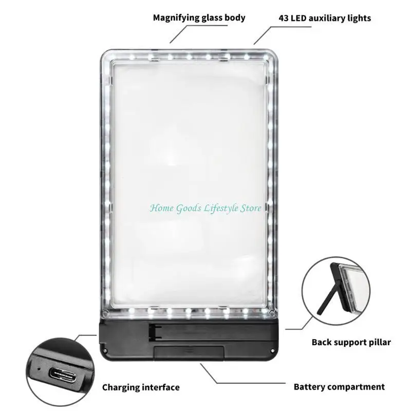 E74E HandsFree Magnifier with 43 LED Light and Stand 4times Zoom for Elderly Reading and Crafting Projects Model Making