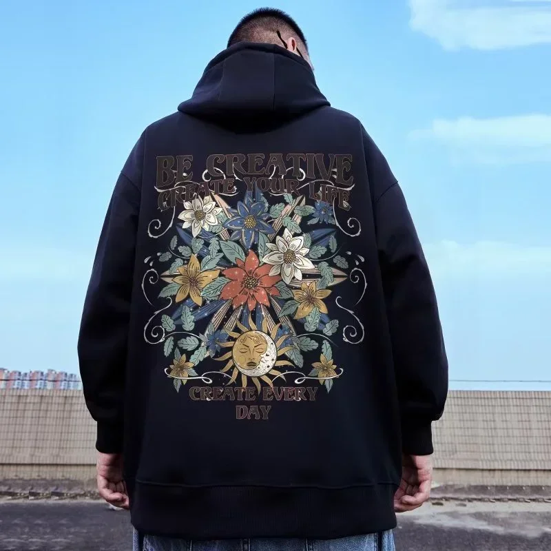 

M-8XL Oversized Hoodies Men American Sun Moon Flower Print Oversized Hoodie Loose Hoodie Student's Large Hooded Sweater