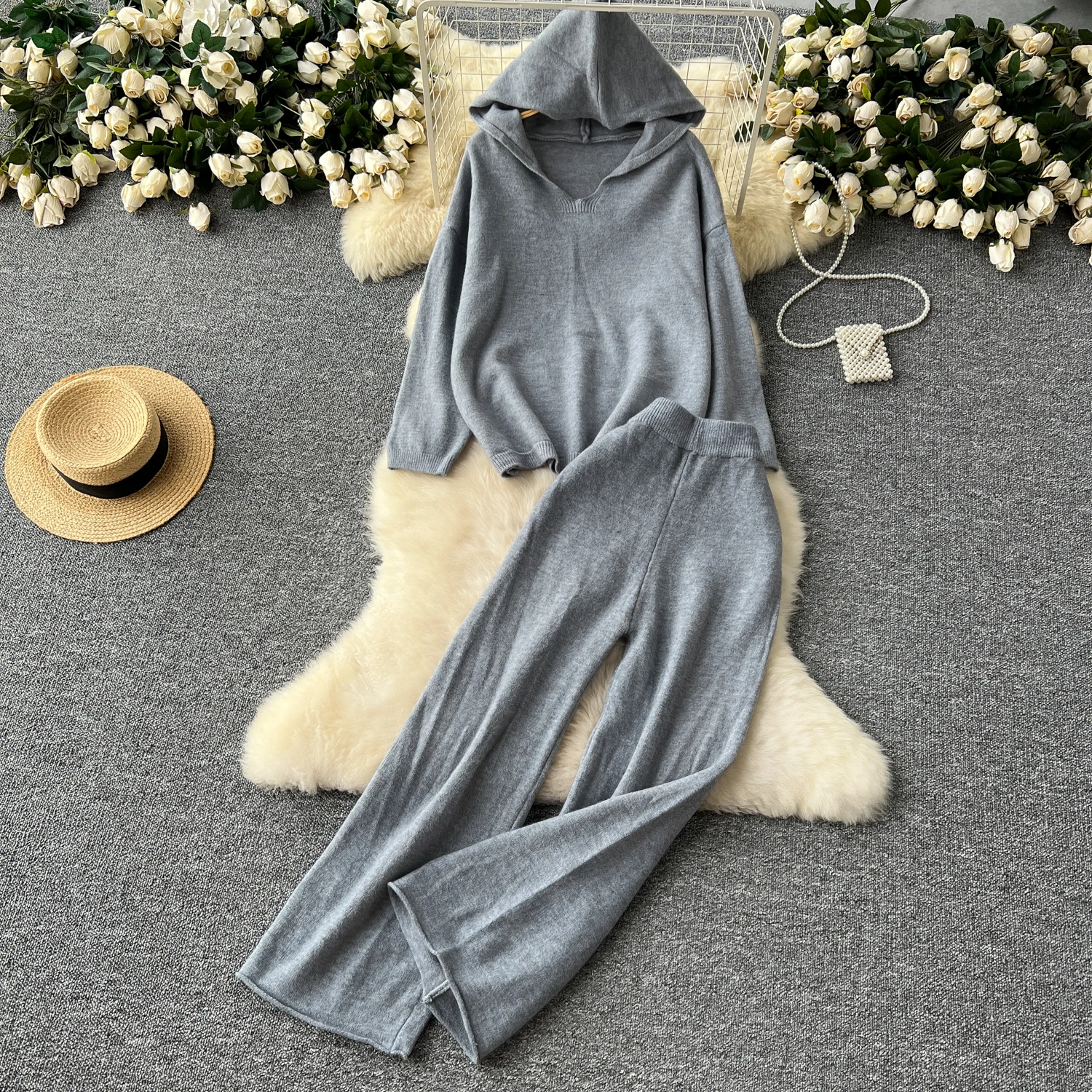 REALEFT Autumn Winter 2 Pieces Women\'s Sets Outfit Knitted Tracksuit Loose Hooded and Straight Jogging Pant Suit 2024 New