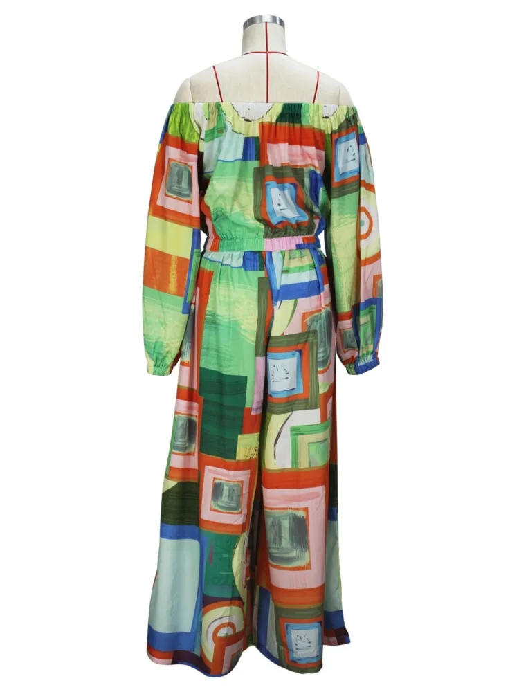 Printed Casual Two Piece Set Women 2025 Summer New Fashion Elegant One Line Neck Tops And High Waist Wide Leg Pant 2 Piece Sets