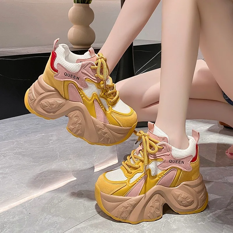 10CM New 2024 Spring Women Breathable Mesh Chunky Sneakers High Platform Casual Shoes Lace-up Summer Sports Leather Shoes Woman