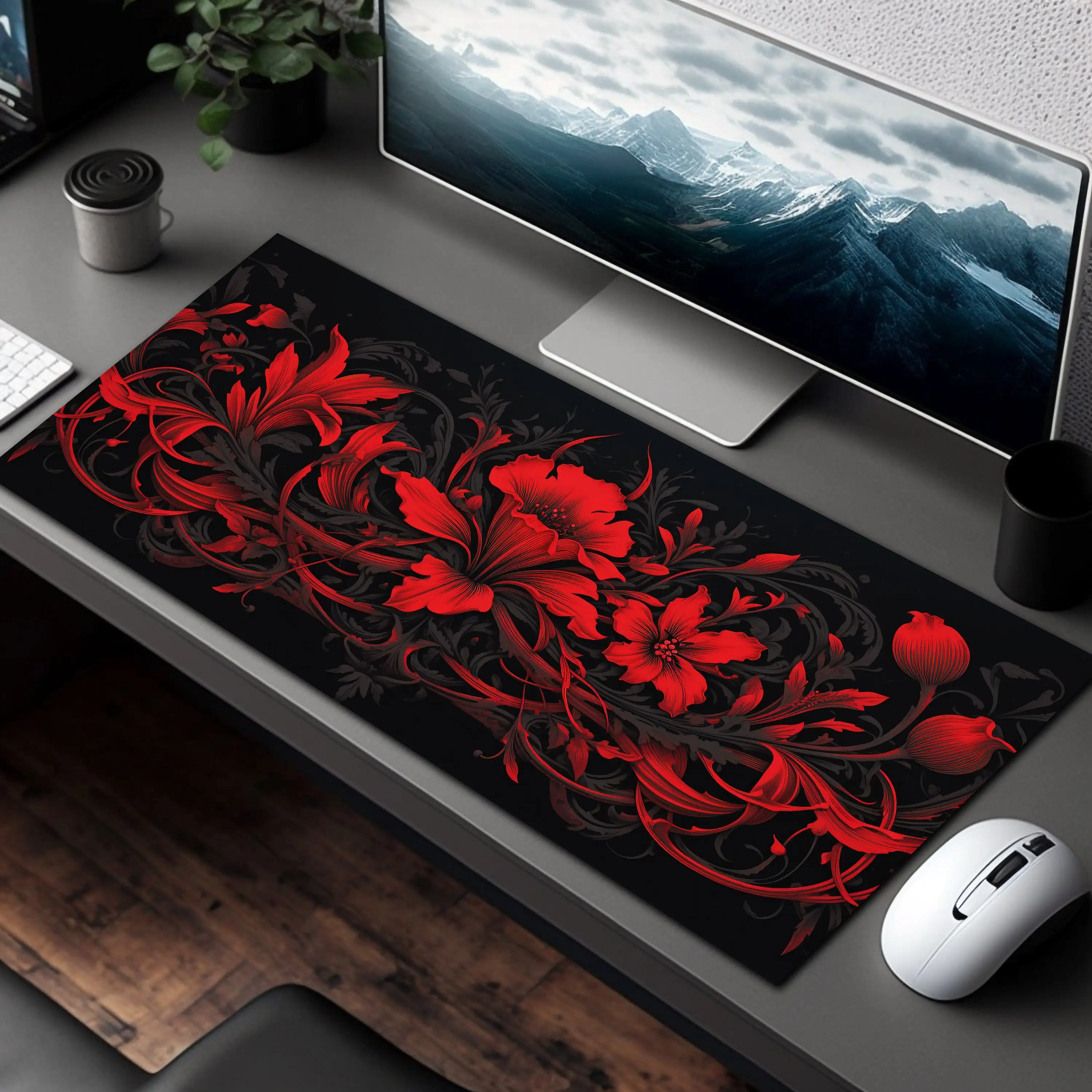 

Deep Red Floral Desk Mat, Women's Office Desk Decoration, Girl's Gaming Mouse Pad, Cute Desk Mat, Perfect Gift for Friends