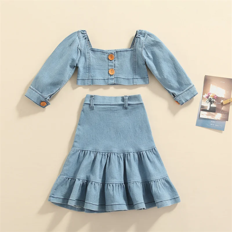 Girls Fall Clothes 2Pcs Toddler Solid Color Long Puff Sleeve Button Down Denim Crop Tops + Pleated Skirt Kids Clothing Sets