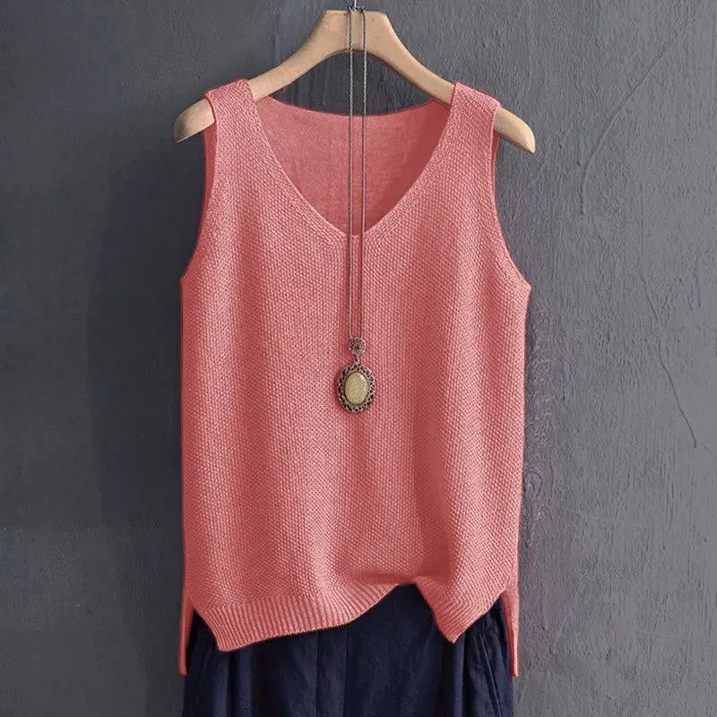 40-100Kg Women Clothing Casual Loose Oversized Solid Sweater Vest Summer Knit Ice Silk T-shirt Chic Sleeveless All-match Tops