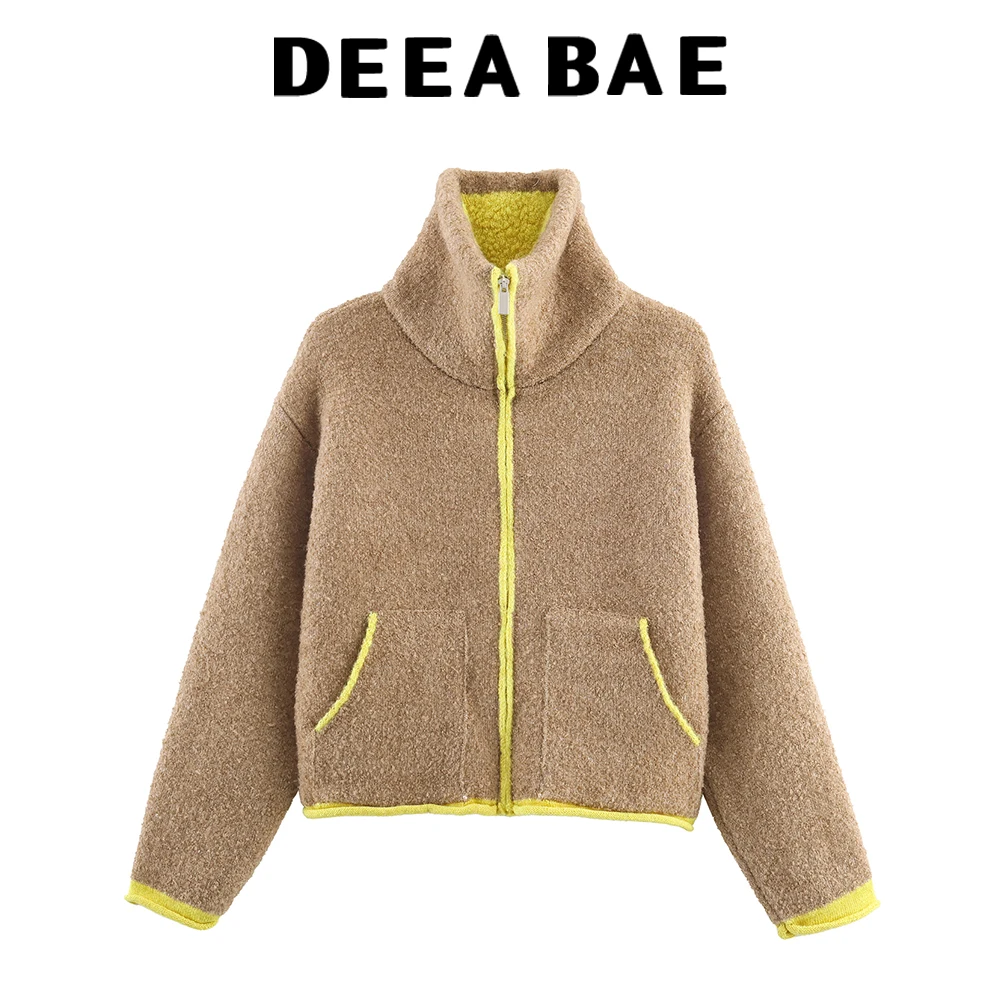 

DEEABAE 2025 Winter New Product Women's Lazy Style Loose Contrasting Color Decorative Layer Knitted Pilot Jacket Coat
