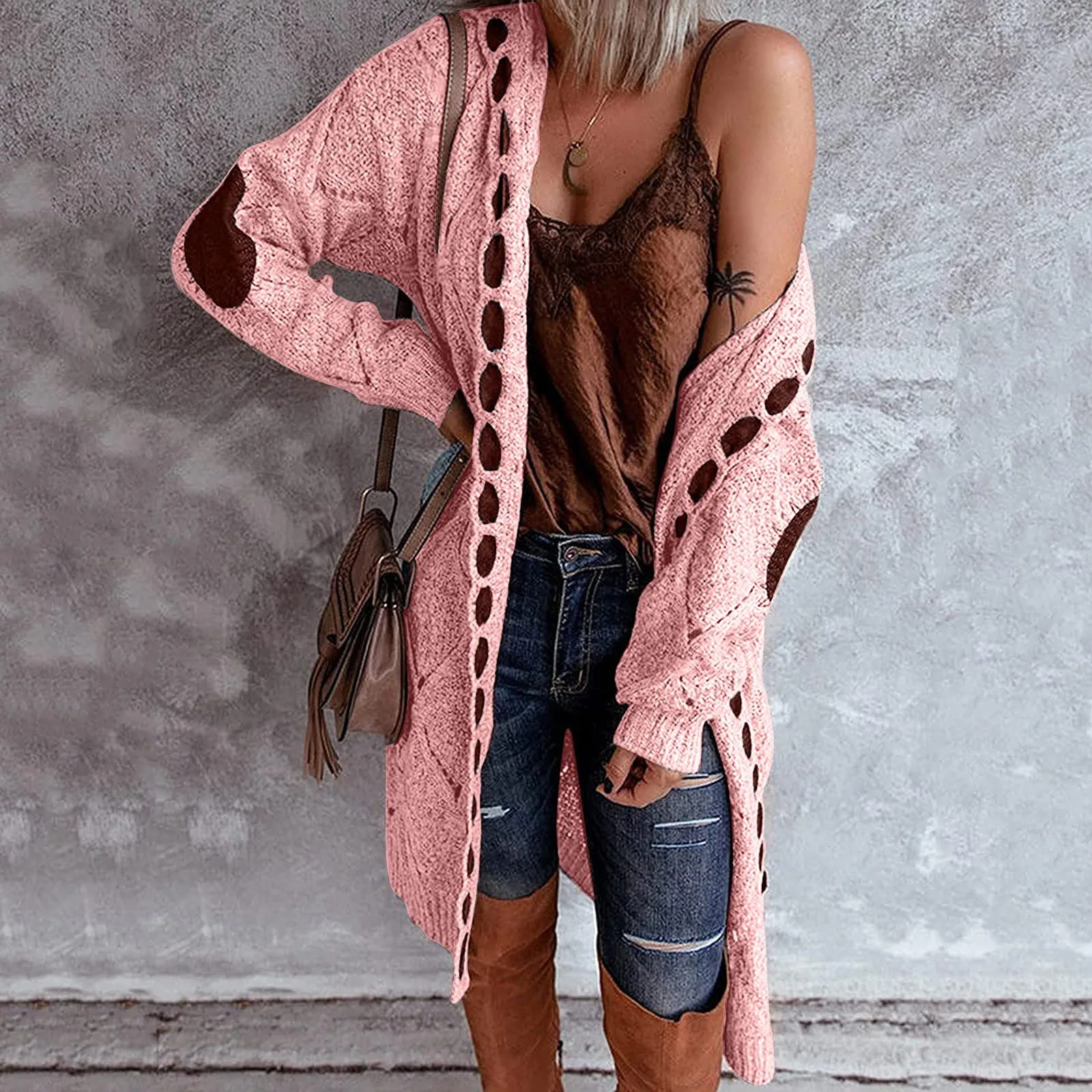 Vintage Women Oversized Hooded Long Cardigan Knitted Sweater Jumper Sweaters Knitted Plaid Casual Brown Coat Jersey Mujer Jacket