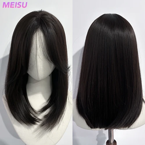 Imagen 1 del producto MEISU-peluca sintética recta de té negro de 18 pulgadas, pelo liso Natural resistente al calor, pelucas con flequillo para fiesta con estilo para mujer