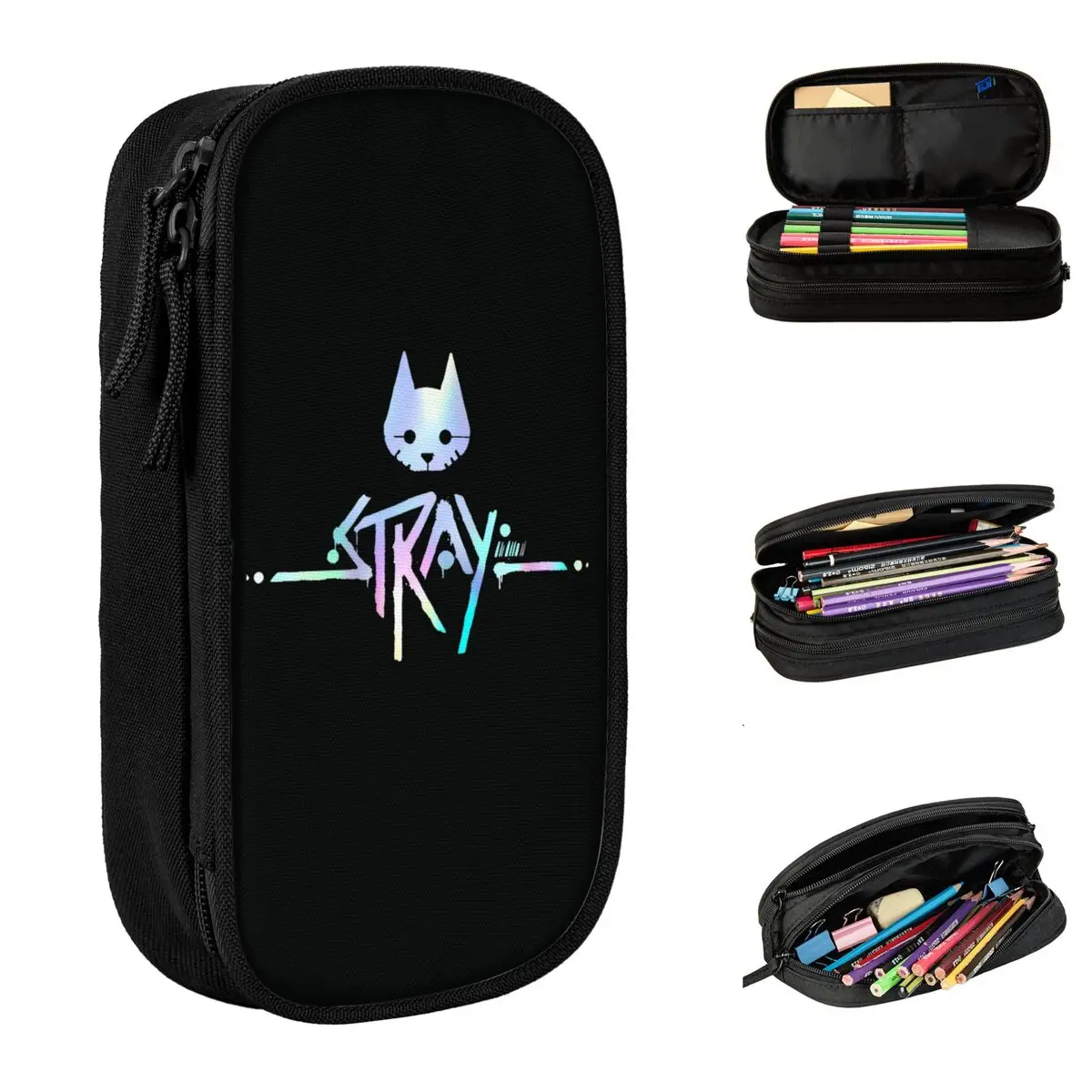 The Stray Game Logo Rainbow Pencil Case Vintage Stray Cyber Cat Child Retro Pencil Pouch Custom Back To School Pencil Cases