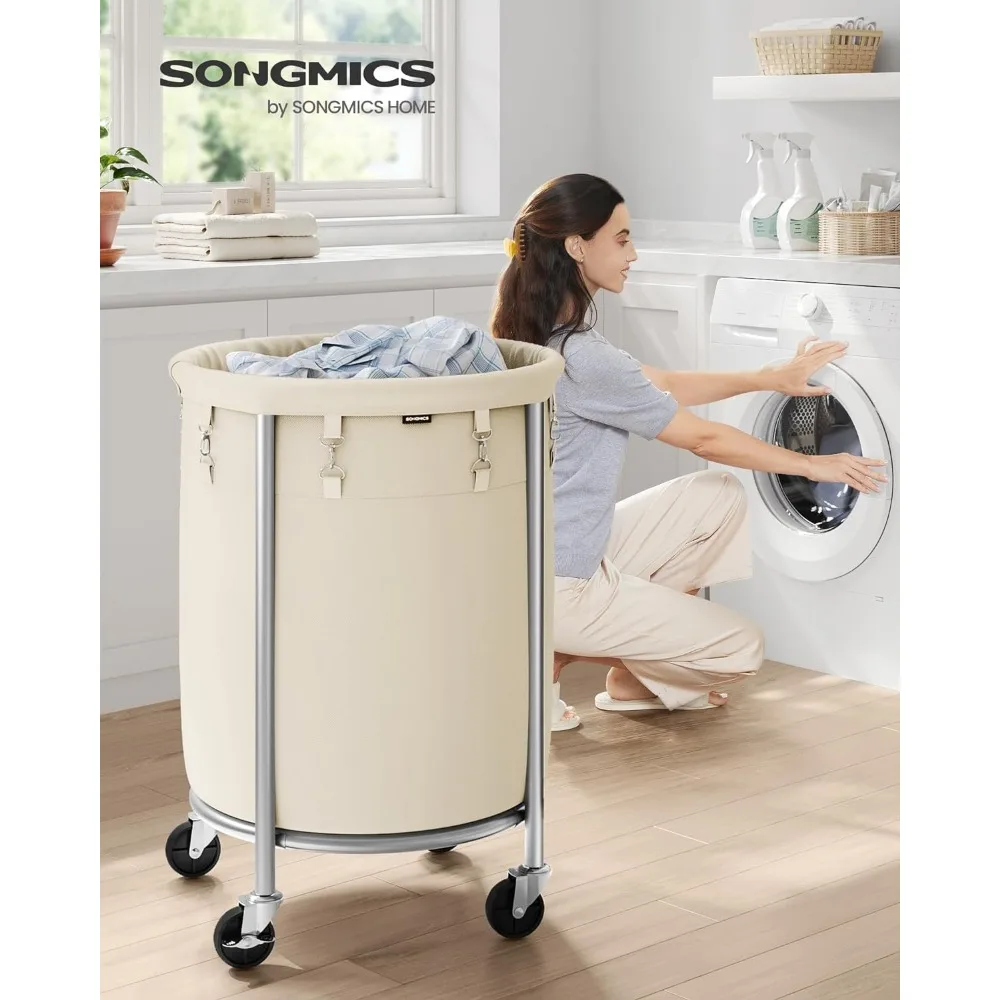 Laundry Basket with Wheels, Rolling Laundry Hamper, 29 Gal., Round Laundry Cart with Steel Frame and Removable Bag