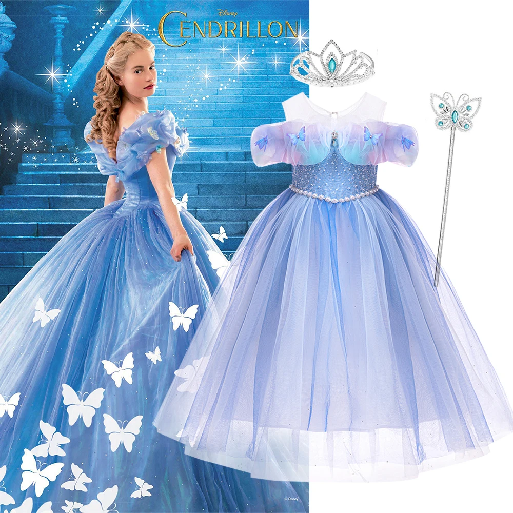 Disney Girl Princess Dress for Kids Sequins Pearl Cinderella Costume 3D Butterfly Luxury Gradient Birthday Carnival Party Gowns