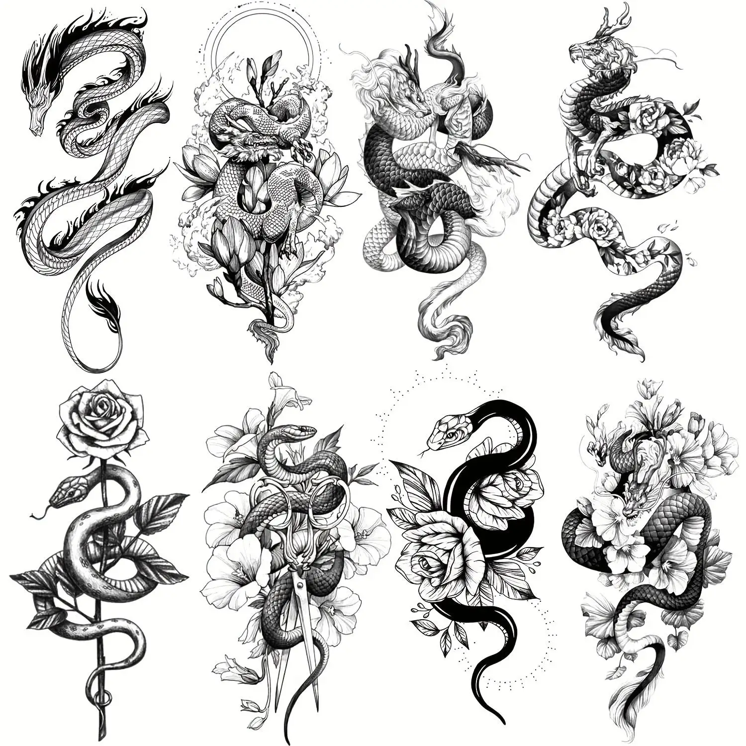 

Waterproof Temporary Tattoos For Women Men Black Dragon Snake Rose Body Art Fake Tatoo
