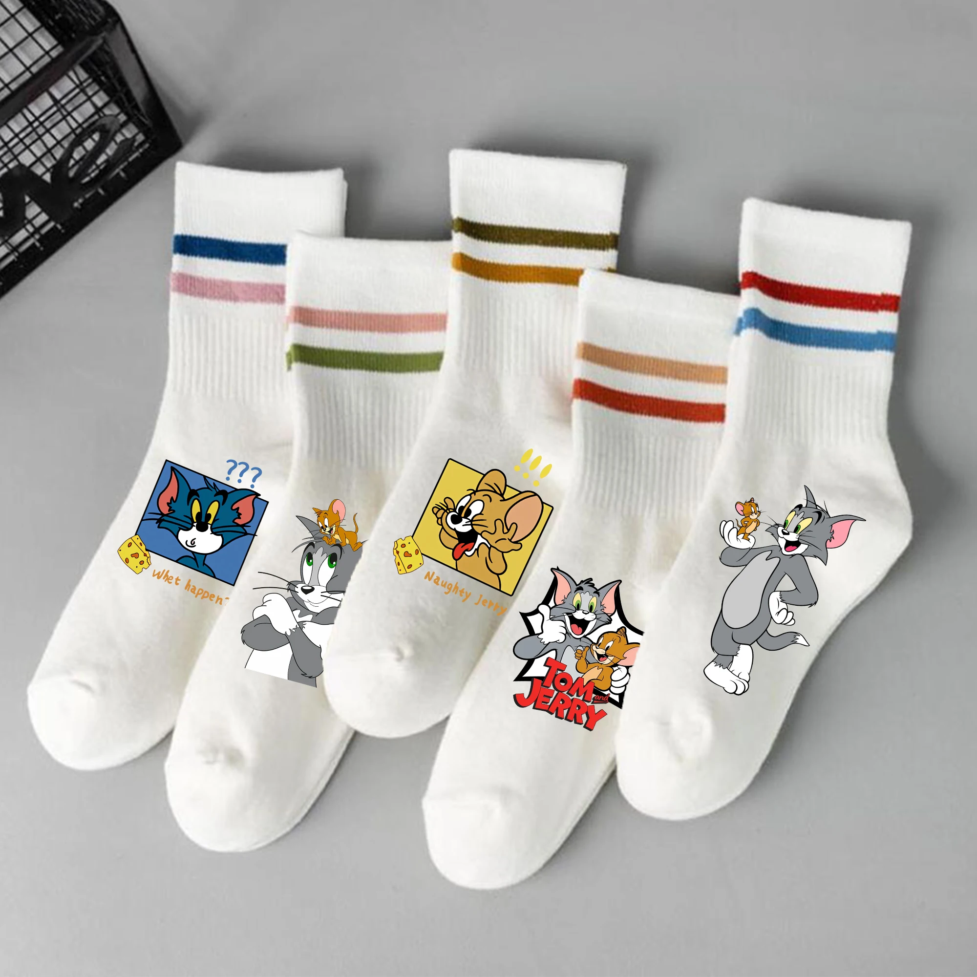 Calcetines Largos de Tom y Jerry para Niños y Niñas, Calcetines Transpirables de Dibujos Animados, Calcetines Lindos de Algodón Peinado, Calcetines de Invierno Estilo Hip Hop Harajuku, Regalo para Niños