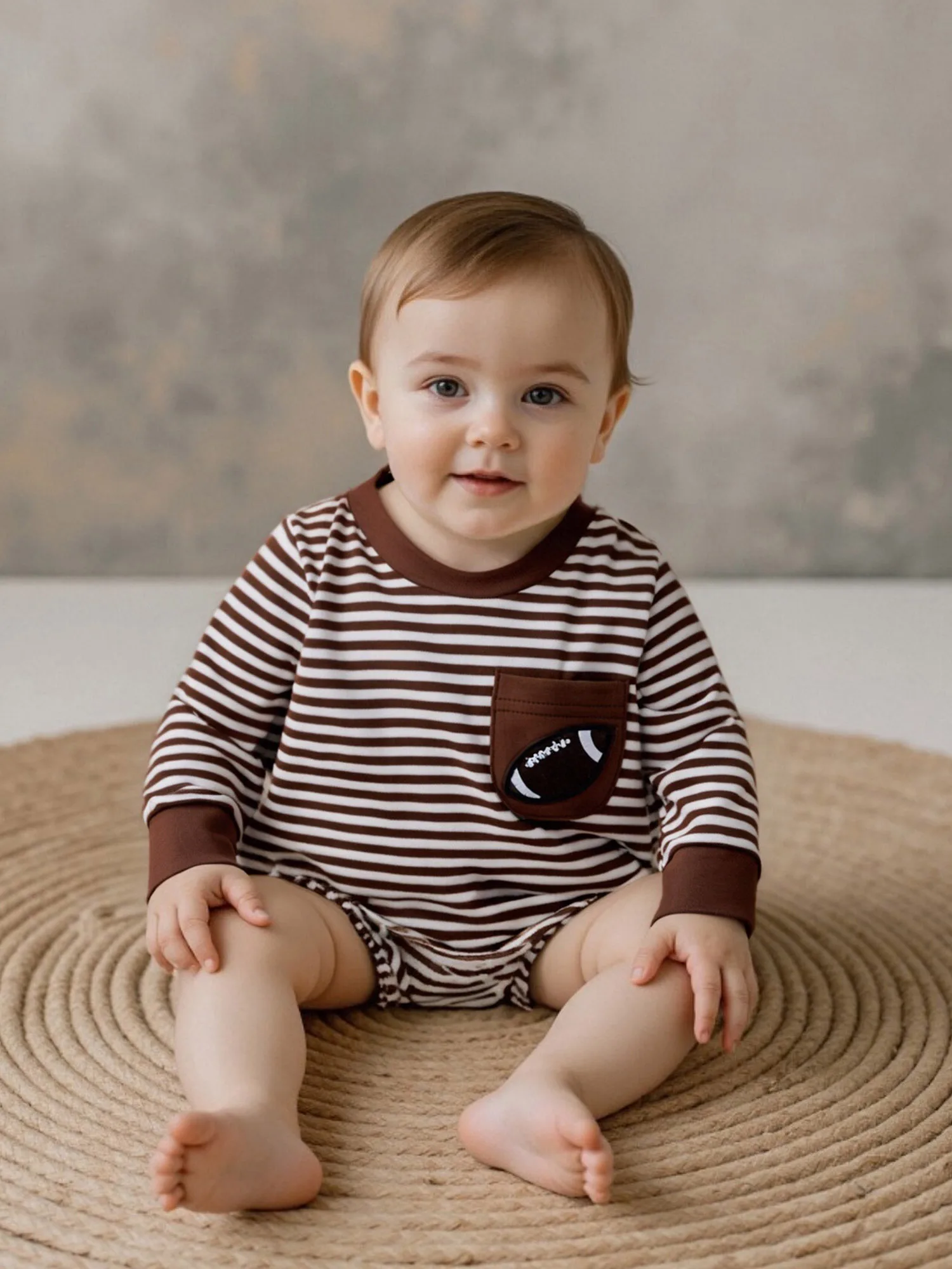 

Осенний полосатый комбинезон для маленьких мальчиков с длинными рукавами и вышивкой в стиле регби на комбинезоне с круглым вырезом