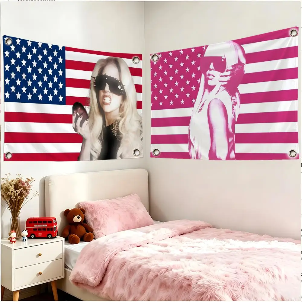 Singer Glam Lady Gaga Flags Four Ring Borderless Art Decor Indoor Outdoor Use Simple Hang And Install