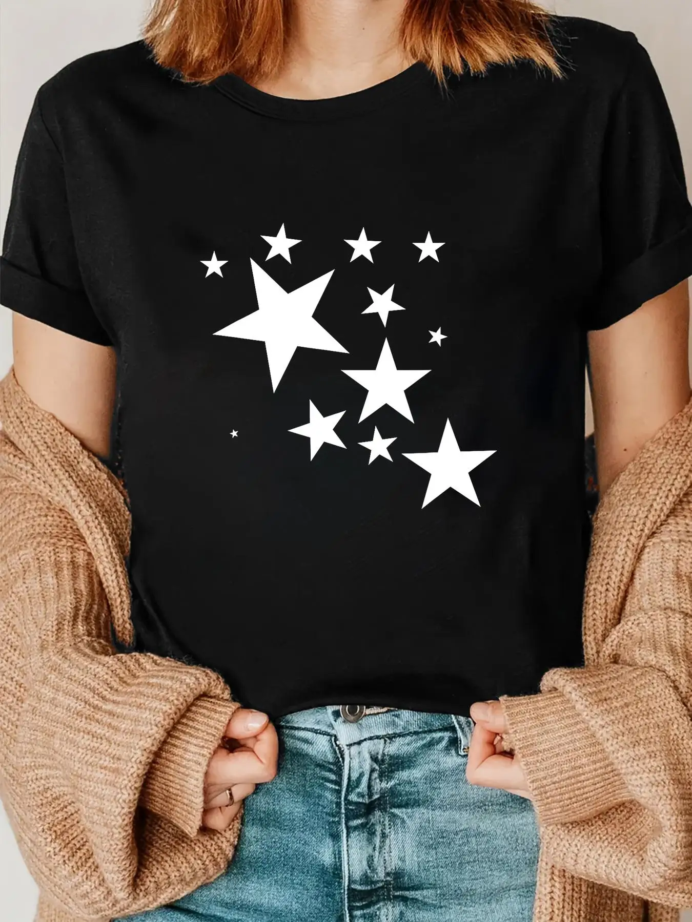 White Stars Star-Pattern-Design Costume Gift Men Women Women's Basic T Shirt Crew Neck Short Sleeve Casual Fashion Tops