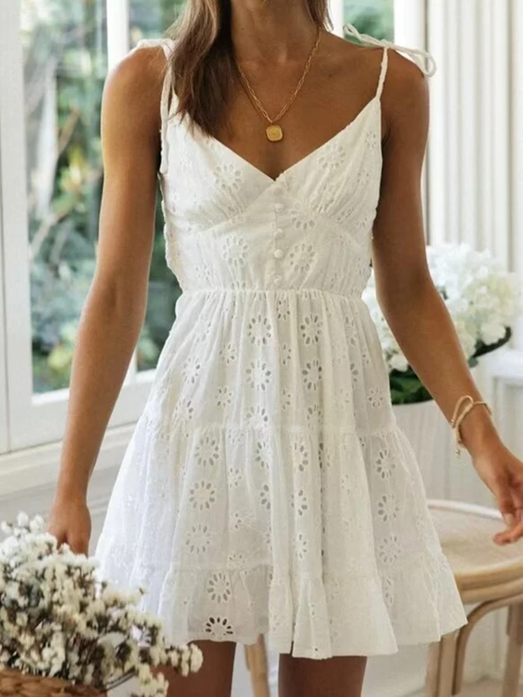 GypsyLady French Chic Sexy Mini Dresss White Cotton Lace Up Hollow Out Embroidery Women Ladies Vocation Beach Dresses Vestidos