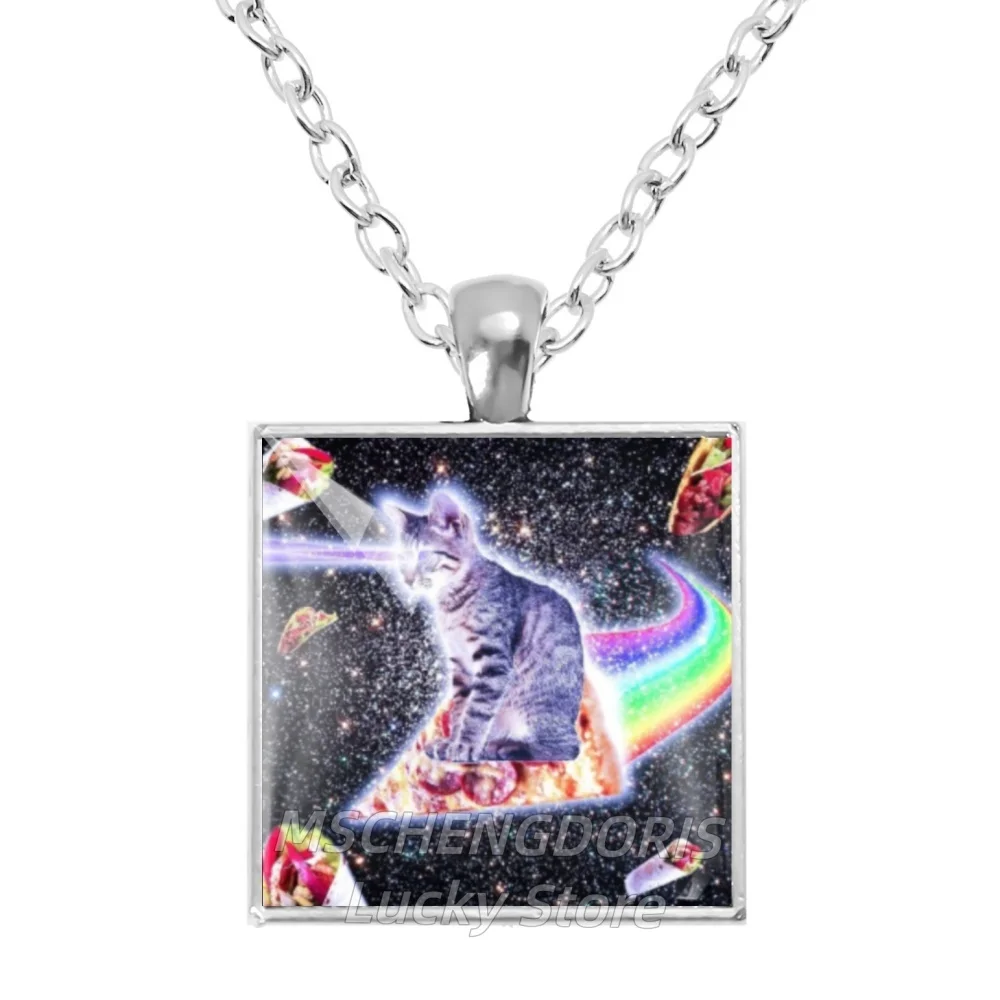 Rainbow Alien Cat Necklace Funny Meme Art Photo Glass Cabochon Square Pendant Necklaces Jewelry Gift MS044
