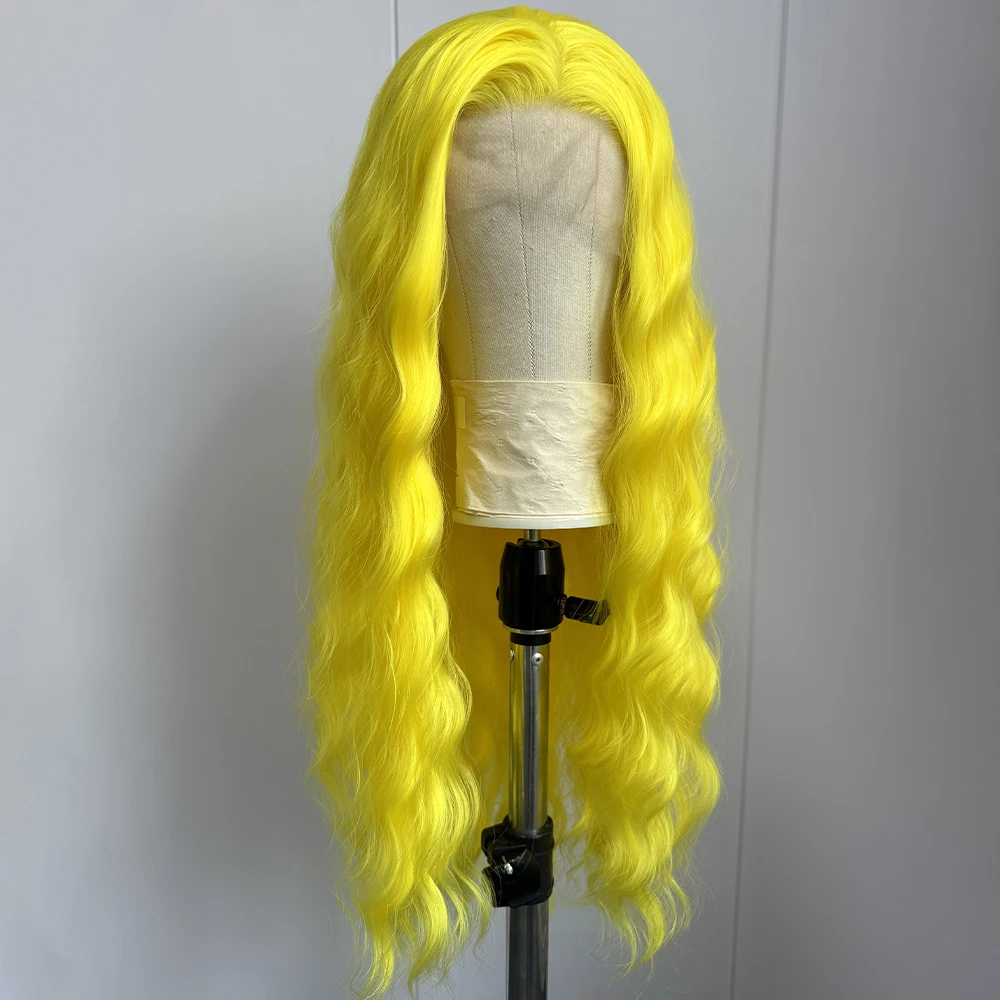 Perruque Lace Front Wig synthétique longue jaune, perruque Loose Wave pour femmes, perruque de Cosplay ondulée naturelle, perruque de fête jaune pour femmes