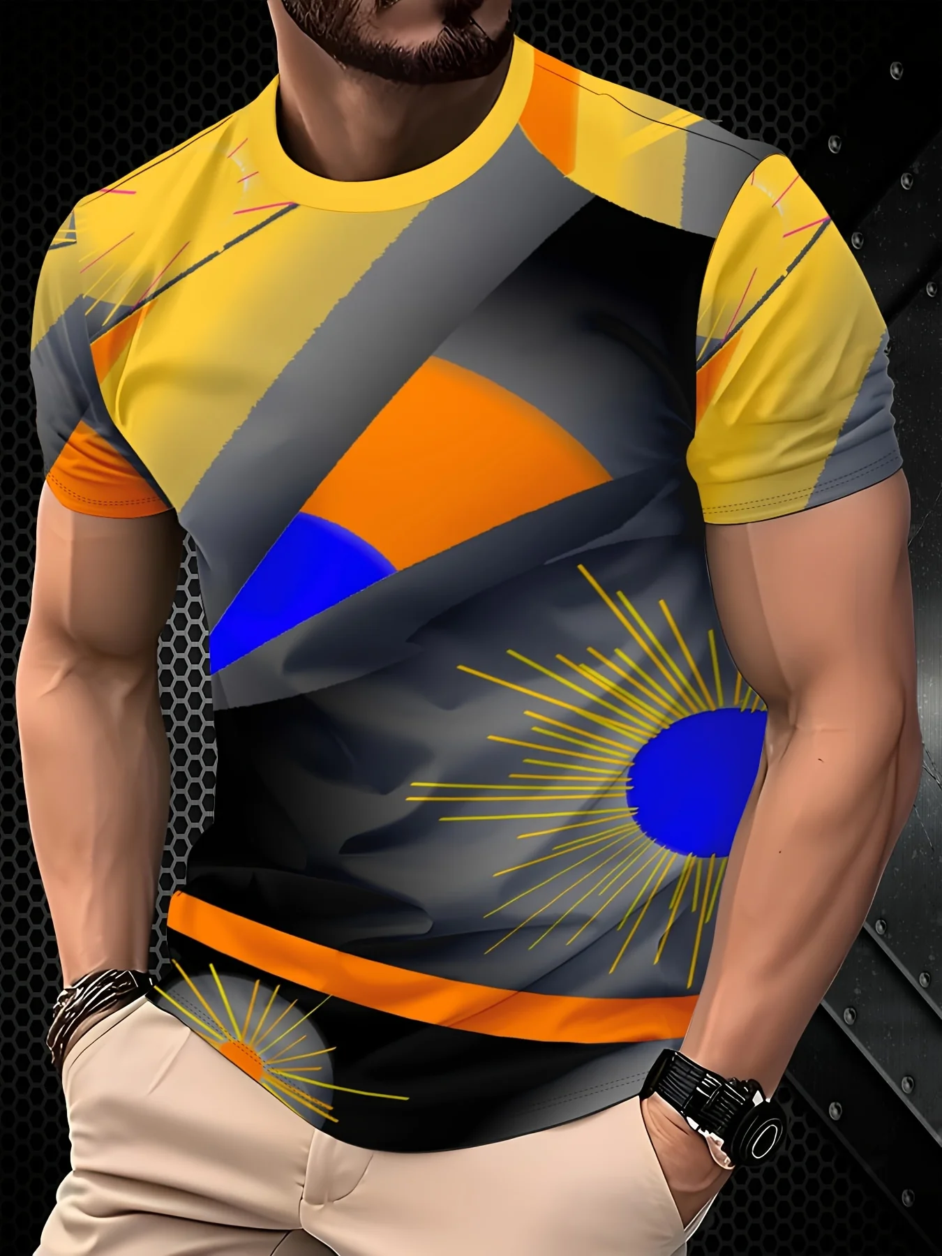Men Yellow Black Orange Blue Geometric Sunburst Abstract Print Crew Neck Short Sleeve Tee