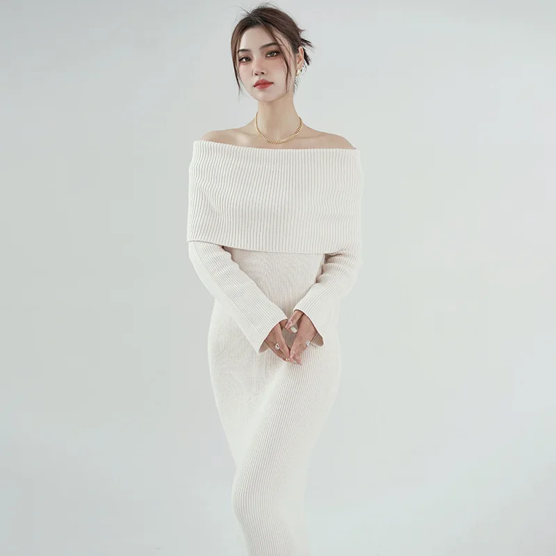 Sleeved Shoulder Dress Autumn Winter Sense Luxury Slim Temperament Long Exposed  Shoulderses Big Sizes One Shoulder Dress Robes