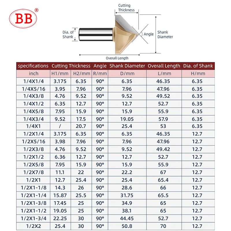 BB V rowek szczelina do obróbki drewna 60 90 120 stopni frez 1/4 1/2 narzędzia CNC do grawerowania drewna