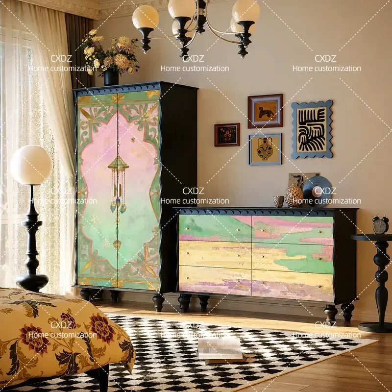 French Retro Painted Wave Wardrobe Solid Wood Bedroom Art Storage Cabinet Living Room Entrance Hallway Organizer Furniture