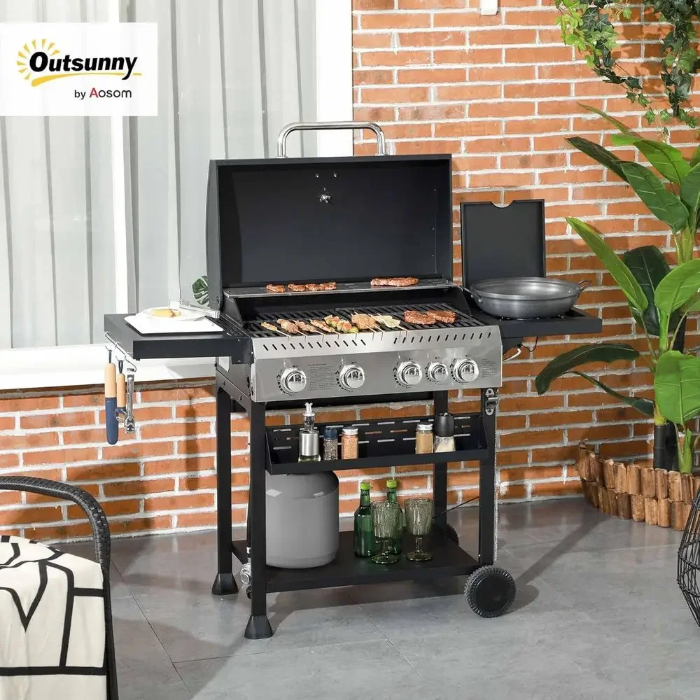4-Burner Propane Gas Grill, 40,000 BTU Outdoor BBQ with 407 sq in Cooking Space, Wheels, Warming Rack, Shelves, Thermometer, Bot