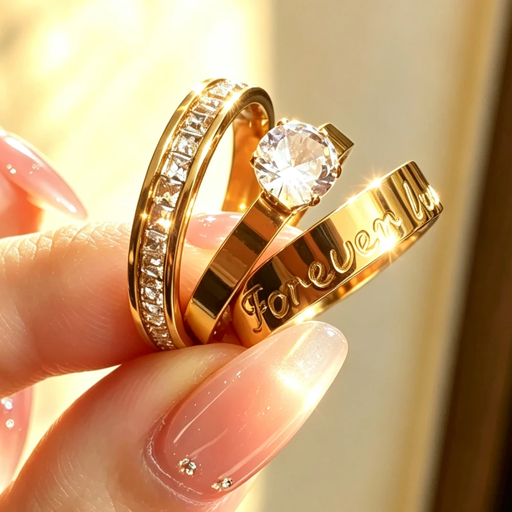 Yupsk 3Pcs/Set Stainless Steel Rings for Women Luxurious Exquisite Shiny Zirconia Inlaid Engagement Wedding Ring Accessories