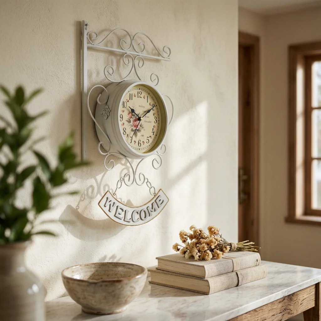 Wall Clock with Wall Bracket Decorative Clock with Welcome Sign Vintage Easy to Hang for Decorators, Entryway, Living Room