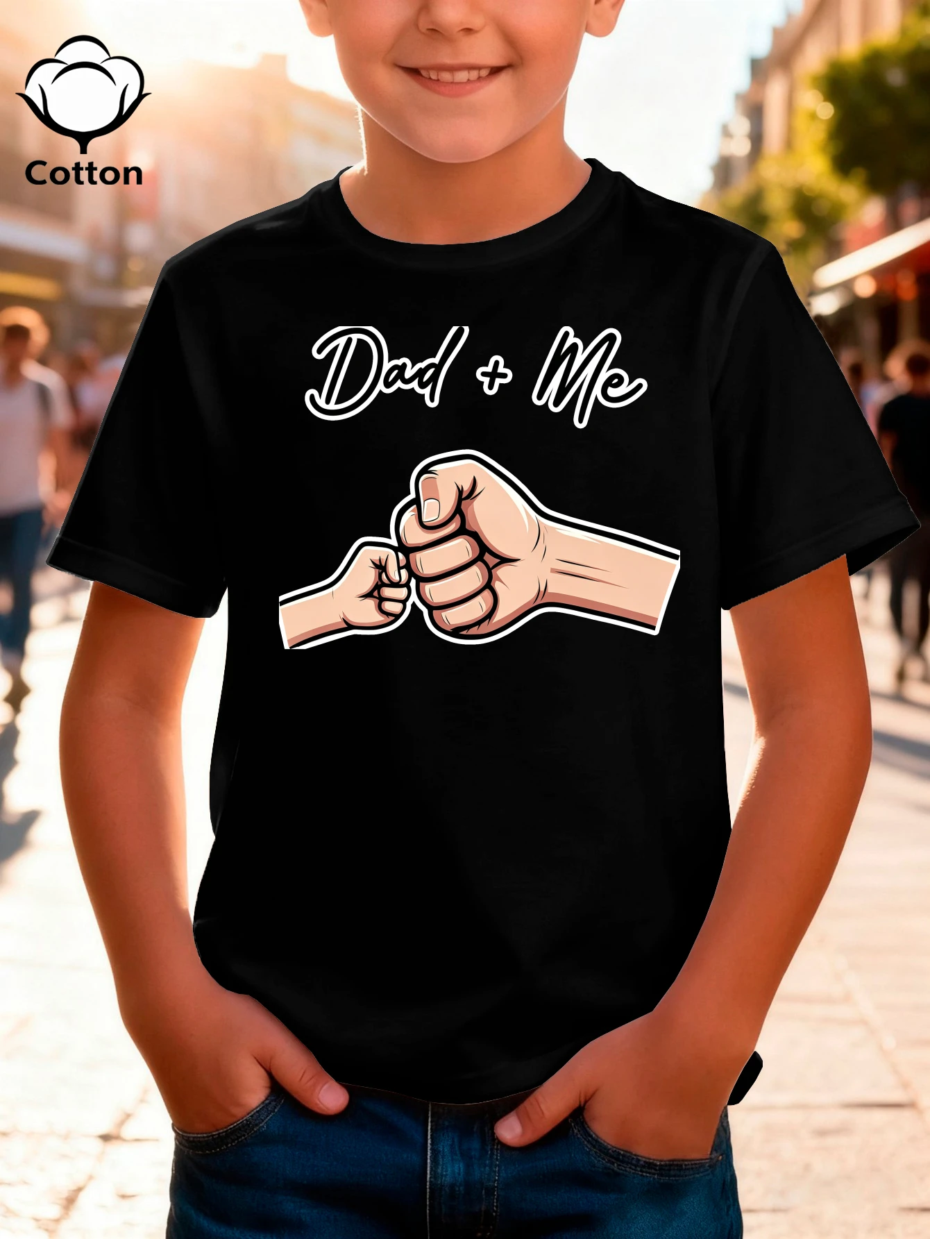 Kids  Cotton Tee Dad And Me Big Small Fist Bump Cartoon Print Crew Neck Short Sleeve Father Kid Matching Casual Tops