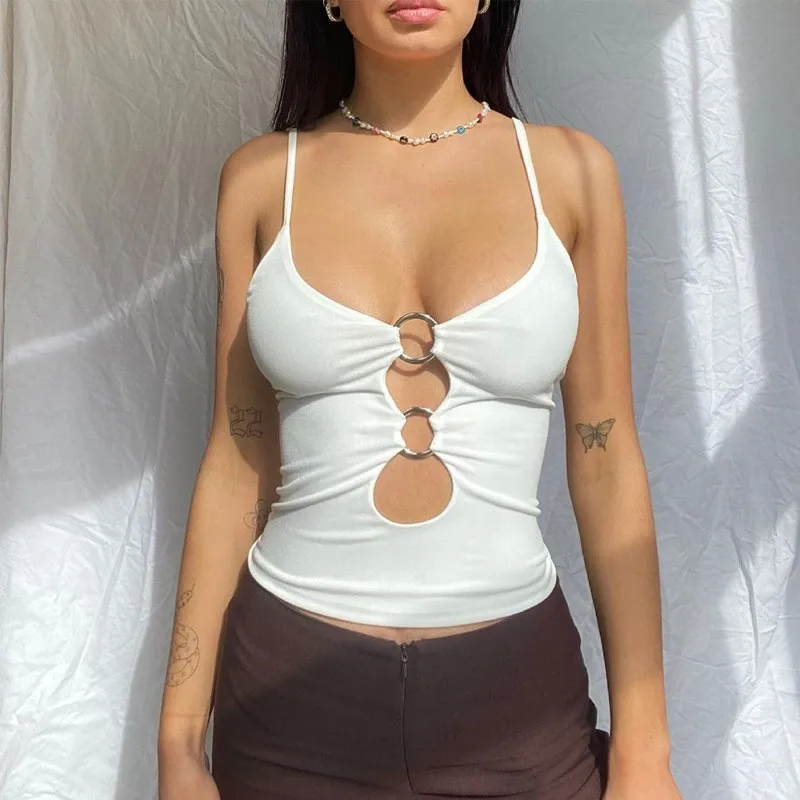 Elegant Camisole Spaghetti Strap Crop Tank Top Front Cutout Metal Ring Sleeveless Top Ruched Vest Olive Green Cropped Length