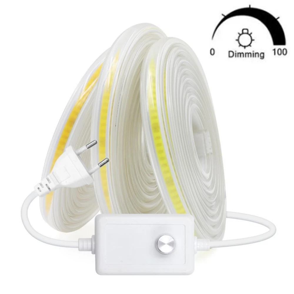 

220V Dimmable COB Led Strip Neon Light 288LEDs/M High Density Linear Lighting Flexible Tape Diode Lamp Ribbon Waterproof EU Plug