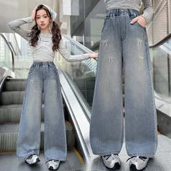 Kids Straight-leg Denim Pants with Bow Embroidery Beaded Grils Casual Wide-Leg Jeans Child Spring Fashion Korean Loose Trousers