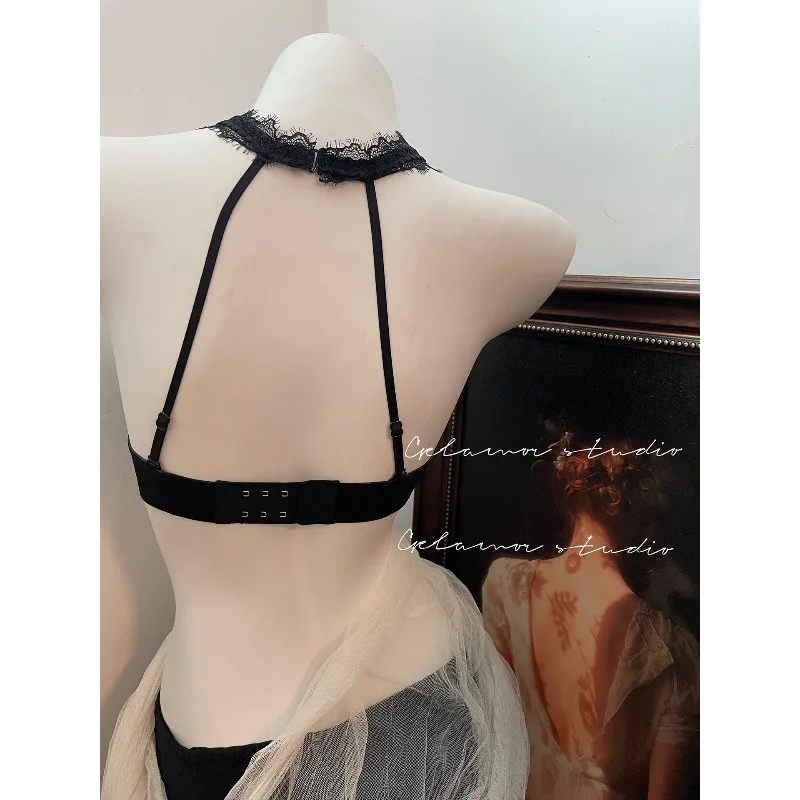 

Сексуальный комплект нижнего белья с бретелькой на шее во французском стиле, кружевной бюстгальтер без косточек для небольшой груди, пуш-ап, комплект без косточек и трусиков MOYISU Sexy Tushy