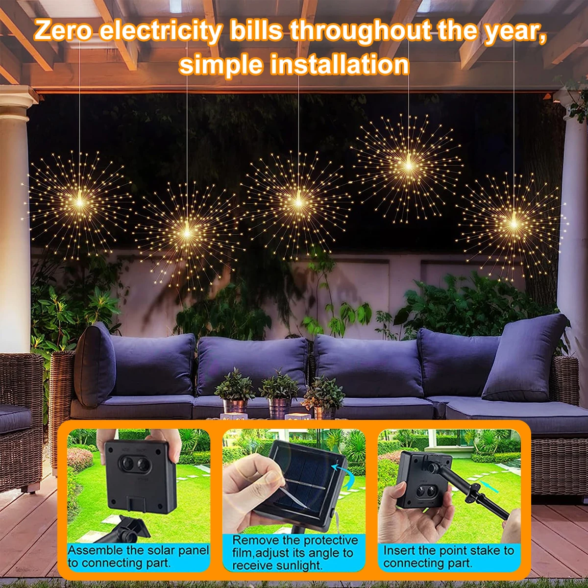 Solar-Feuerwerkslichter für den Außenbereich – 90/150/200 LEDs, 8 Modi, Kupferdraht-Hängelichterkette für Hof, Terrasse, Zelt, Party, Weihnachten – Detail 9