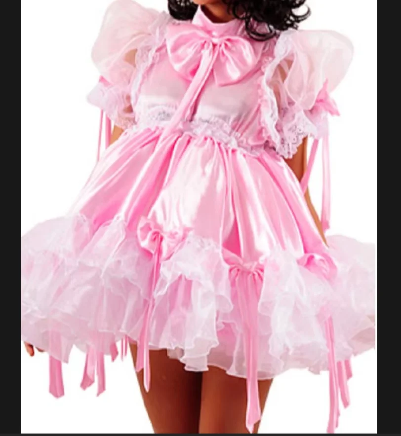 

French New Lockable Sissy Hot Sale Satin High Collar Hanging Bow Huge Puff Ball Sleeve Maid Custom