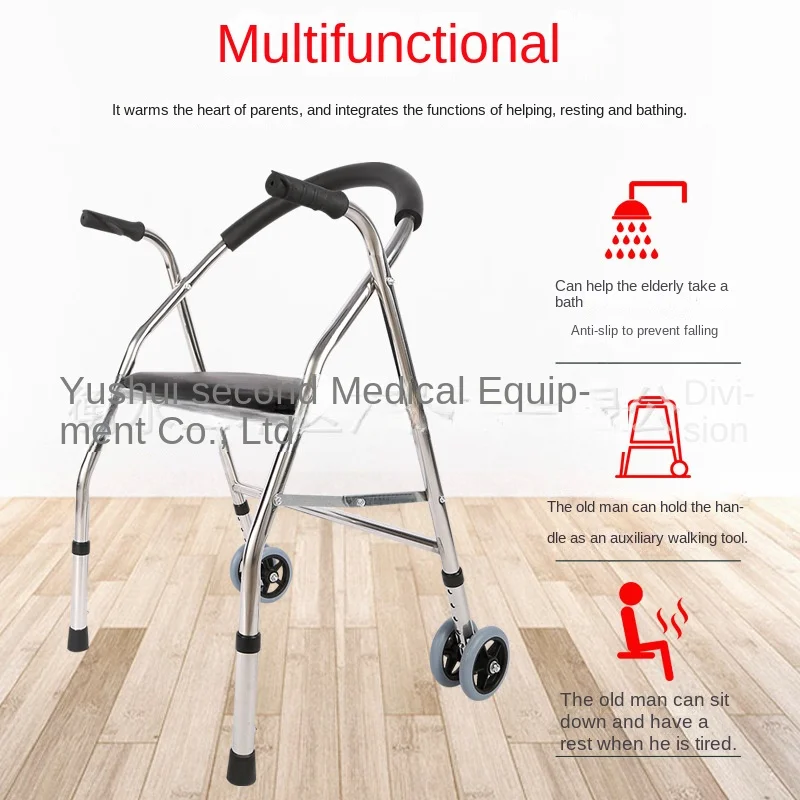 the elderly disabled walker assisted walking Stainless steel  quadrangular trolley U-shaped back wheeled cart portable folding