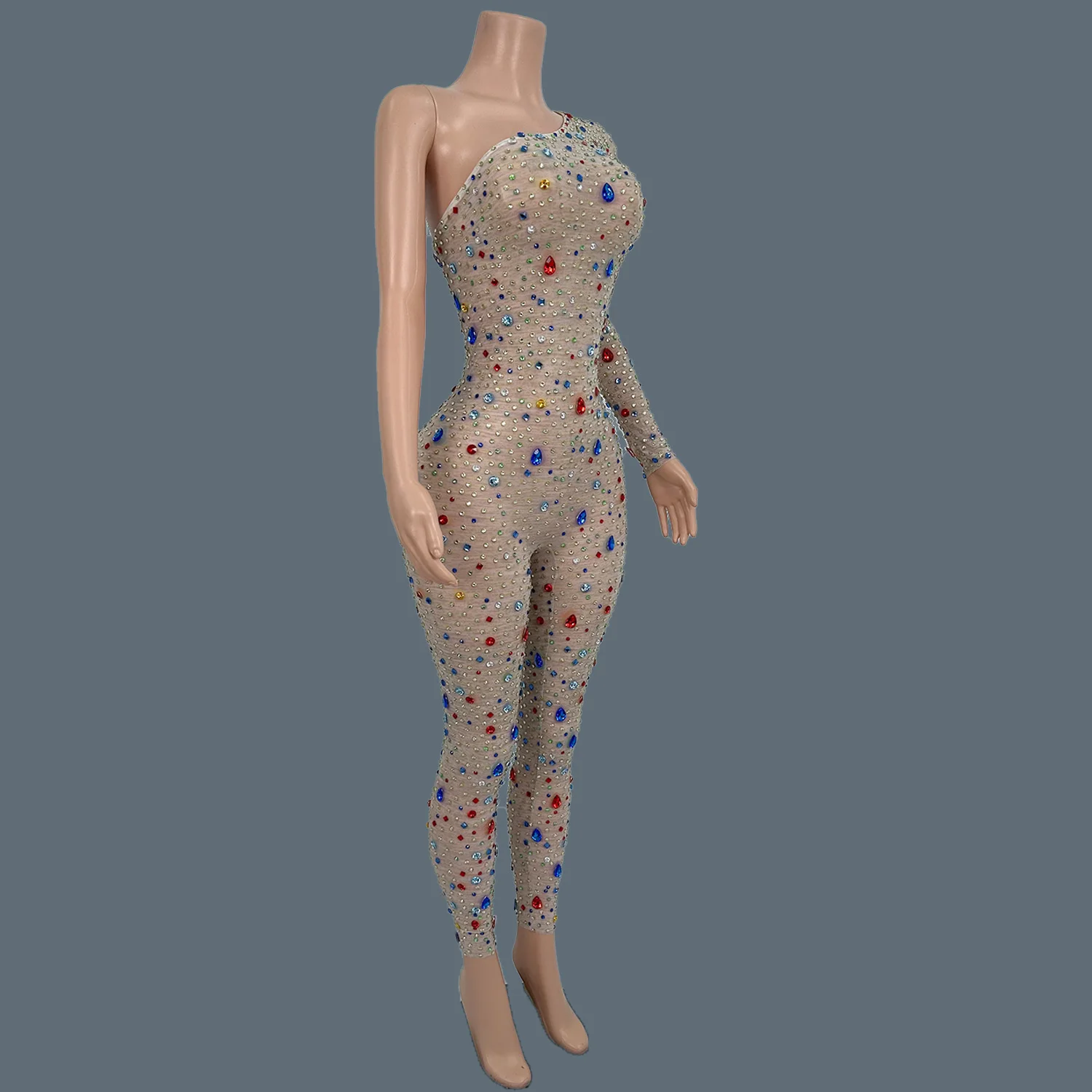 반짝 이는 크리스탈 여성을위한 럭셔리 오프 숄더 Bodycon 점프 슈트 섹시한 생일 파티 나이트 클럽 무대 공연 착용 Tangguo