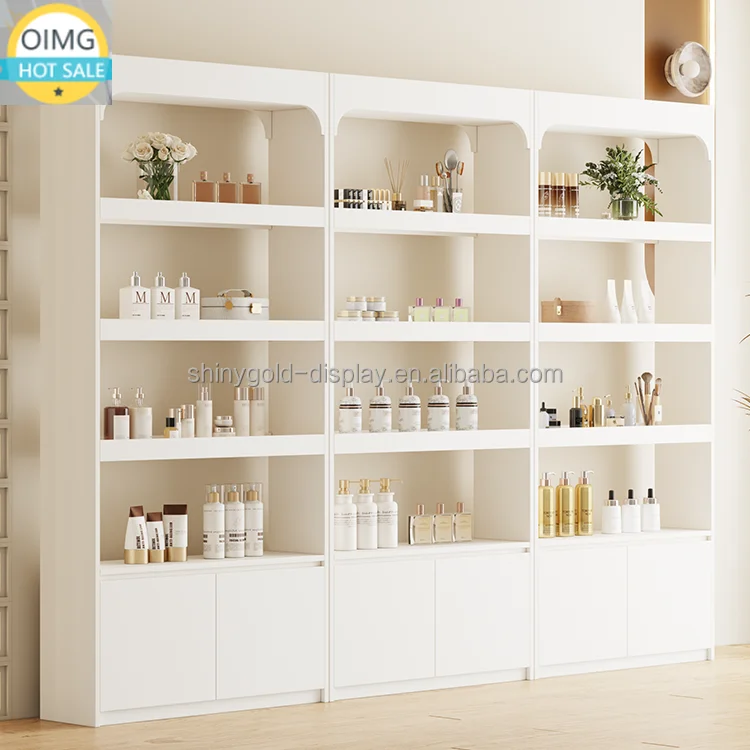 Cosmetic Display Cabinet Nail Salon Display Showcase Wood White Multi-layer Shelves Jewelry Skin Care Shelves