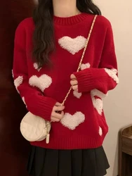Zoki Christmas Red Women Love Sweaters Long Sleeve Loose Sweet Knitted Pullovers Casual Cute Korean O Neck Female Kawaii Tops